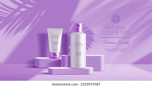 Purple lavender podium mockup with palm leaves and cosmetics, vector products display background. Purple podium with cosmetic bottles of cream moisturizer for premium luxury product display mock up