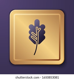 Purple Leaf icon isolated on purple background. Leaves sign. Fresh natural product symbol. Gold square button. Vector Illustration