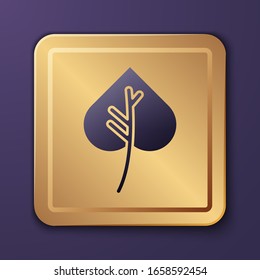 Purple Leaf icon isolated on purple background. Leaves sign. Fresh natural product symbol. Gold square button. Vector Illustration