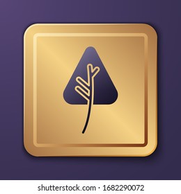 Icono de hoja púrpura aislado en fondo púrpura. Deja la señal. Símbolo de producto natural fresco. Botón Gold Square. Ilustración vectorial