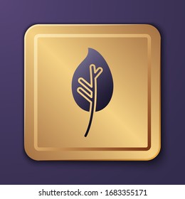 Purple Leaf icon isolated on purple background. Leaves sign. Fresh natural product symbol. Gold square button. Vector Illustration
