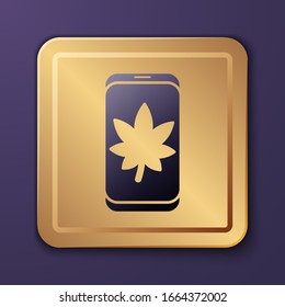 Purple Leaf on mobile phone screen icon isolated on purple background. Gold square button. Vector Illustration