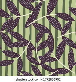 Purple leaves with dots on random located branches. Background with lines in green tones.Decorative backdrop for fabric design, textile print, wrapping, cover. Vector illustration.