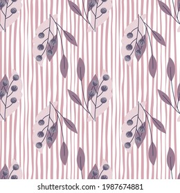 Purple leaves and rowan berries seamless pattern. Nature backdrop. Pink and white striped background. Designed for fabric design, textile print, wrapping, cover. Vector illustration.