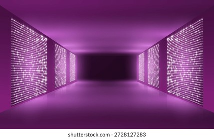 Fondo púrpura del pasillo de la pantalla de la luz del led. Escenario de pared de Tablero con monitores de pantalla de TV de resplandor luces redondas punteadas patrón de píxeles. Estudio de proyección led digital, paneles LCD. Decoración de discoteca