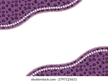Purple leopard pattern background with rhinestones and gold glitter waves featuring retro 90s gal style and text copy space