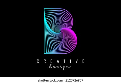 Purple Letter B logo with lines and spiral effect. Vector illustration with geometric typography. Creative icon with letter.