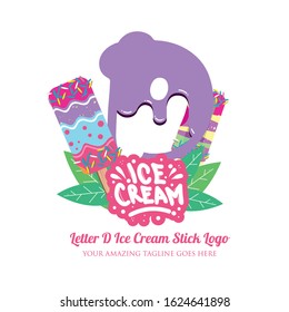 Purple Letter D Delicious Melting Ice Cream Sticks Logo on White Background. Vector Flat Modern Style. Colorful Logo in Cartoon Style Illustration for Ice Cream Shop Café and Restaurant