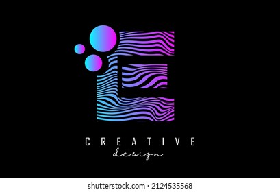 Purple Letter E logo with lines and dota. Vector illustration with geometric typography. Creative icon with letter.