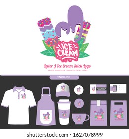 Purple Letter J Delicious Melting Ice Cream Sticks Logo on White Background for Ice Cream Shop with Brand Identity Include Shirt. Apron. Hat. Cup. Pin. Glass. Business Card. Paper Bag