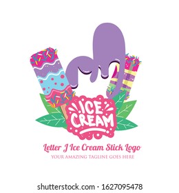 Purple Letter J Delicious Melting Ice Cream Sticks Logo on White Background. Vector Flat Modern Style. Colorful Logo in Cartoon Style Illustration for Ice Cream Shop Café and Restaurant