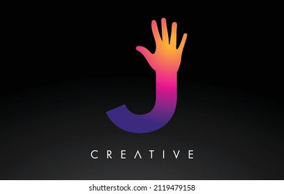 Purple Letter J Logo with Hand Vector Icon Illustration. Creative Hand Logo Letter in Black and purple with hand silhouette.