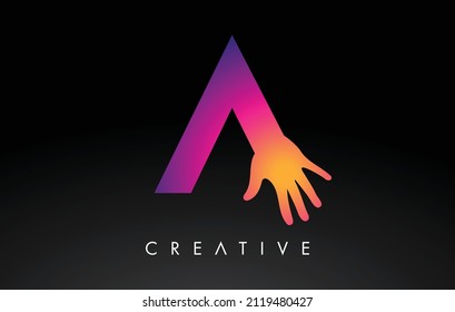 Purple Letter A Logo with Hand Vector Icon Illustration. Creative Hand Logo Letter in Black and purple with hand silhouette.