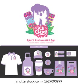 Purple Letter R Delicious Melting Ice Cream Sticks Logo on White Background for Ice Cream Shop with Brand Identity Include Shirt. Apron. Hat. Cup. Pin. Glass. Business Card. Paper Bag