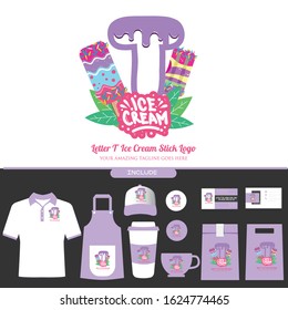 Purple Letter T Delicious Melting Ice Cream Sticks Logo on White Background for Ice Cream Shop with Brand Identity Include Shirt. Apron. Hat. Cup. Pin. Glass. Business Card. Paper Bag