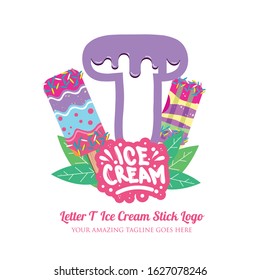 Purple Letter T Delicious Melting Ice Cream Sticks Logo on White Background. Vector Flat Modern Style. Colorful Logo in Cartoon Style Illustration for Ice Cream Shop Café and Restaurant