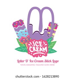 Purple Letter U Delicious Melting Ice Cream Sticks Logo on White Background. Vector Flat Modern Style. Colorful Logo in Cartoon Style Illustration for Ice Cream Shop Café and Restaurant