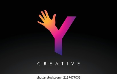 Purple Letter Y Logo with Hand Vector Icon Illustration. Creative Hand Logo Letter in Black and purple with hand silhouette.