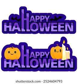 Purple Lettering with Bats and Pumpkins Happy Halloween 