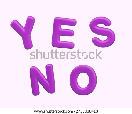 Purple letters YES and NO in 3D style. Set of affirmative and negative answers. Vector templates for selecting options. Elements for survey, communication, testing concepts