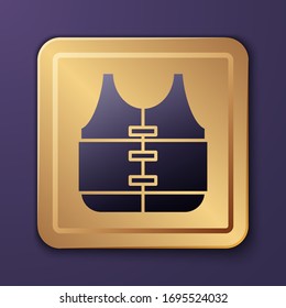 Purple Life jacket icon isolated on purple background. Life vest icon. Extreme sport. Sport equipment. Gold square button. Vector Illustration