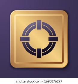 Purple Lifebuoy icon isolated on purple background. Life saving floating lifebuoy for beach, rescue belt for saving people. Gold square button. Vector Illustration