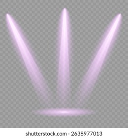Purple light beam glowing on background. Lighting devices on a transparent background. Violet glow flare light effect. Light sources on dark wall, realistic soft concert light on abstract stage png.