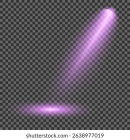 Purple light beam glowing on background. Lighting devices on a transparent background. Violet glow flare light effect. Light sources on dark wall, realistic soft concert light on abstract stage png.