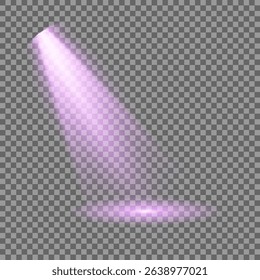 Purple light beam glowing on background. Lighting devices on a transparent background. Violet glow flare light effect. Light sources on dark wall, realistic soft concert light on abstract stage png.