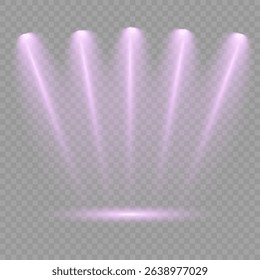 Purple light beam glowing on background. Lighting devices on a transparent background. Violet glow flare light effect. Light sources on dark wall, realistic soft concert light on abstract stage png.