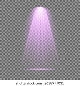 Purple light beam glowing on background. Lighting devices on a transparent background. Violet glow flare light effect. Light sources on dark wall, realistic soft concert light on abstract stage png.