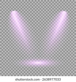 Purple light beam glowing on background. Lighting devices on a transparent background. Violet glow flare light effect. Light sources on dark wall, realistic soft concert light on abstract stage png.
