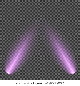 Purple light beam glowing on background. Lighting devices on a transparent background. Violet glow flare light effect. Light sources on dark wall, realistic soft concert light on abstract stage png.