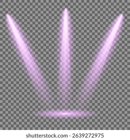 Purple light beam glowing on background. Lighting devices on a transparent background. Violet glow flare light effect. Light sources on dark wall, realistic soft concert light on abstract stage png.