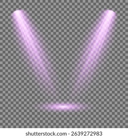 Purple light beam glowing on background. Lighting devices on a transparent background. Violet glow flare light effect. Light sources on dark wall, realistic soft concert light on abstract stage png.