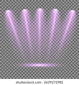 Purple light beam glowing on background. Lighting devices on a transparent background. Violet glow flare light effect. Light sources on dark wall, realistic soft concert light on abstract stage png.