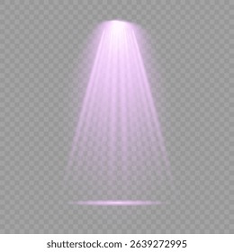 Purple light beam glowing on background. Lighting devices on a transparent background. Violet glow flare light effect. Light sources on dark wall, realistic soft concert light on abstract stage png.