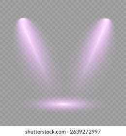 Purple light beam glowing on background. Lighting devices on a transparent background. Violet glow flare light effect. Light sources on dark wall, realistic soft concert light on abstract stage png.
