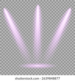 Purple light beam glowing on background. Lighting devices on a transparent background. Violet glow flare light effect. Light sources on dark wall, realistic soft concert light on abstract stage png.
