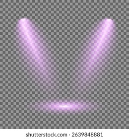 Purple light beam glowing on background. Lighting devices on a transparent background. Violet glow flare light effect. Light sources on dark wall, realistic soft concert light on abstract stage png.