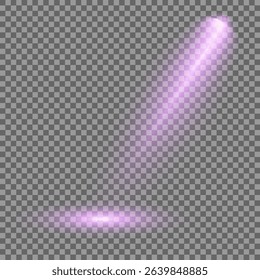 Purple light beam glowing on background. Lighting devices on a transparent background. Violet glow flare light effect. Light sources on dark wall, realistic soft concert light on abstract stage png.