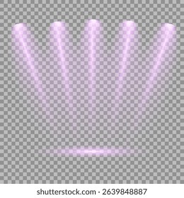 Purple light beam glowing on background. Lighting devices on a transparent background. Violet glow flare light effect. Light sources on dark wall, realistic soft concert light on abstract stage png.