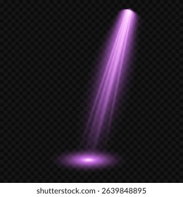 Purple light beam glowing on background. Lighting devices on a transparent background. Violet glow flare light effect. Light sources on dark wall, realistic soft concert light on abstract stage png.