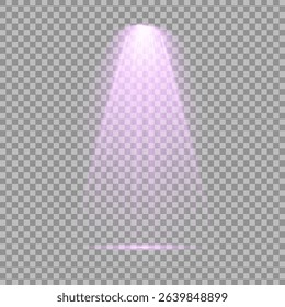 Purple light beam glowing on background. Lighting devices on a transparent background. Violet glow flare light effect. Light sources on dark wall, realistic soft concert light on abstract stage png.