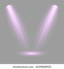 Purple light beam glowing on background. Lighting devices on a transparent background. Violet glow flare light effect. Light sources on dark wall, realistic soft concert light on abstract stage png.