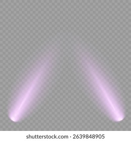 Purple light beam glowing on background. Lighting devices on a transparent background. Violet glow flare light effect. Light sources on dark wall, realistic soft concert light on abstract stage png.