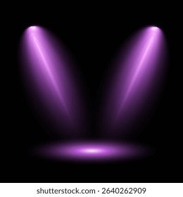 Purple light beam glowing on background. Lighting devices on a transparent background. Violet glow flare light effect. Light sources on dark wall, realistic soft concert light on abstract stage png.