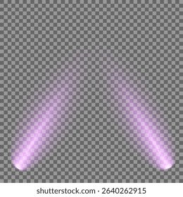 Purple light beam glowing on background. Lighting devices on a transparent background. Violet glow flare light effect. Light sources on dark wall, realistic soft concert light on abstract stage png.