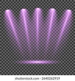 Purple light beam glowing on background. Lighting devices on a transparent background. Violet glow flare light effect. Light sources on dark wall, realistic soft concert light on abstract stage png.