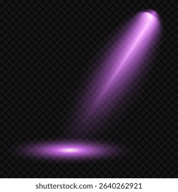 Purple light beam glowing on background. Lighting devices on a transparent background. Violet glow flare light effect. Light sources on dark wall, realistic soft concert light on abstract stage png.